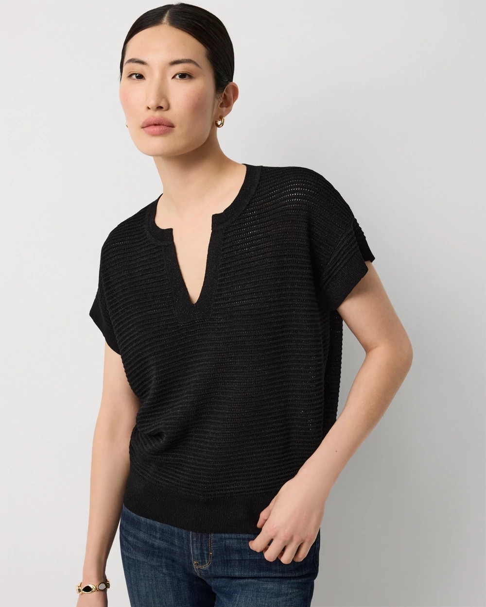 Metallic Stitch Short Sleeve Pullover | White House Black Market